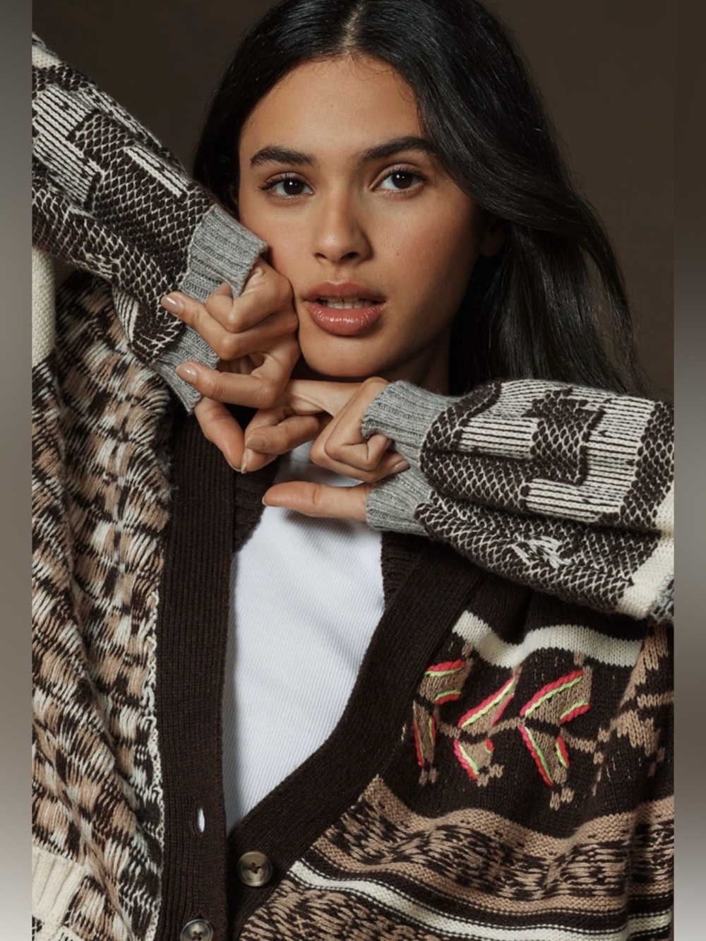 ANTHROPOLOGIE PILCRO Patchwork Cardigan Sweater Brown Fair Isle M - Picture 3 of 16